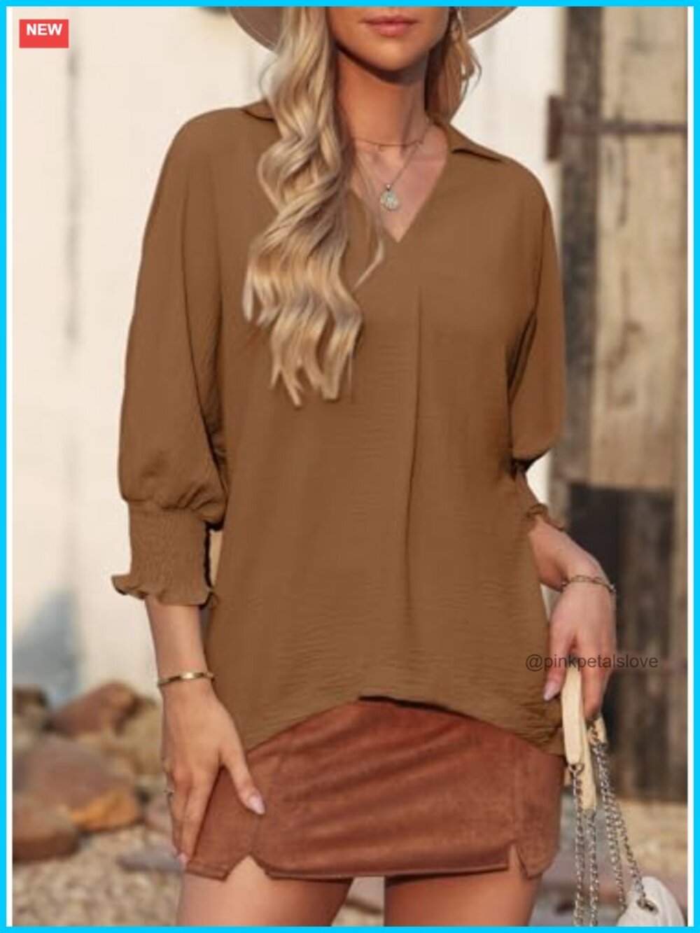 Dressy Casual 3/4 Sleeve Collared V-Neck Blouse Business Work Top View 4